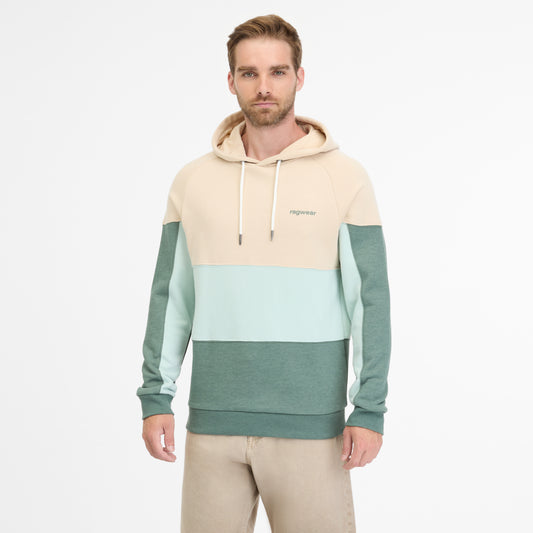 A person models the men's RAGWEAR BRESS HOODIE in beige, mint green, and dark teal with drawstrings and "ragwear" branding against a white background, paired with light beige pants.