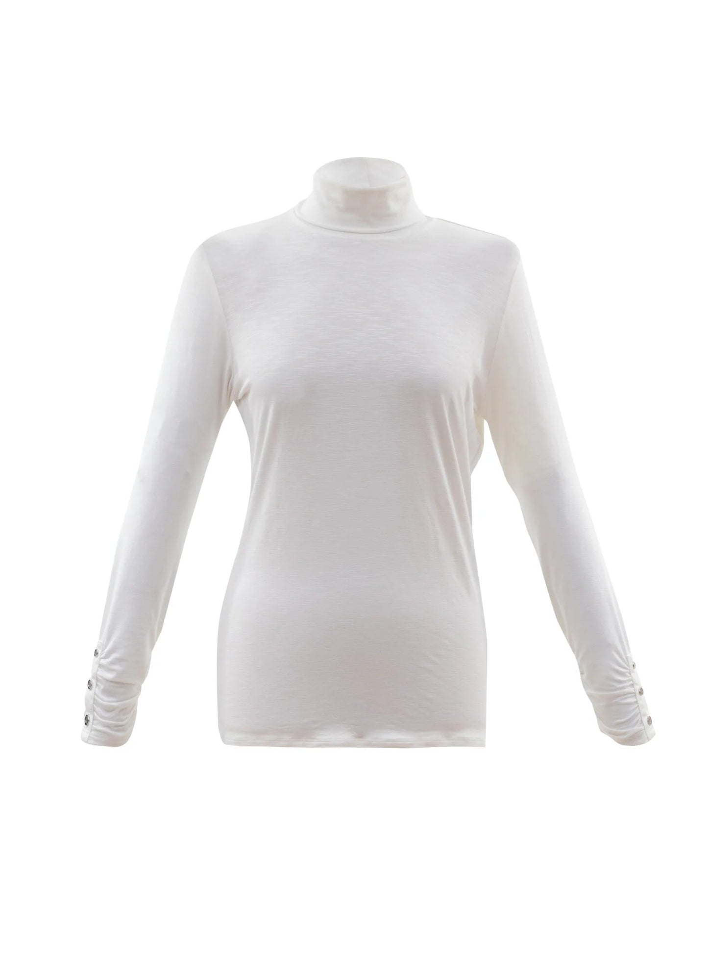 The Turtleneck Top w/Ruche Cuff & Button Detail 6400 MARBLE by MARBLE is showcased on a plain white background. This white long sleeve turtleneck shirt, crafted from lightweight viscose, features a fitted design with subtle button details and ruched cuffs near the wrists.