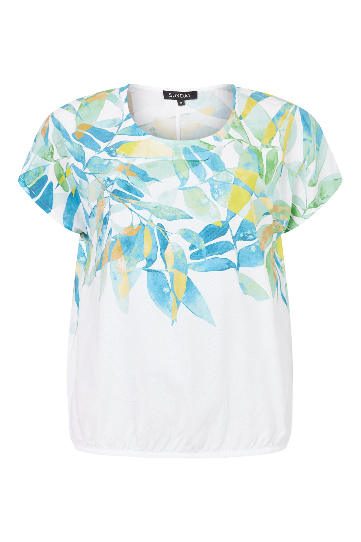 Meet the versatile Top 6425 by SUNDAY: A short-sleeved white blouse featuring a round neckline with a colorful leaf pattern in blue, green, and yellow on the top half. Its slightly elasticated bottom hem ensures a comfortable fit for any weekend outing.