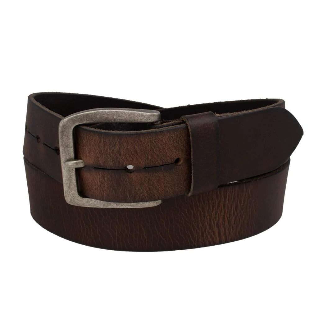 The Silver Jeans Co. 40MM Heavyweight Pull-up Genuine Leather Belt features a coiled, dark brown design with visible stitching along the edges and an aged antique nickel buckle. The leather boasts a textured, slightly distressed appearance, complemented by linear burnished detailing.