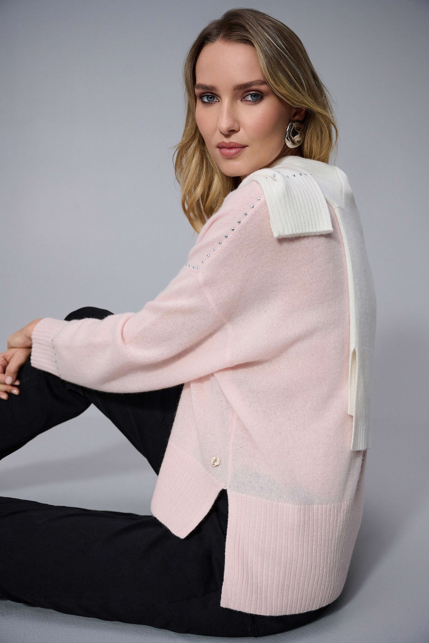 Cashmere Crew Neck Top with Stud Detailing 253980 - Joseph Ribkoff