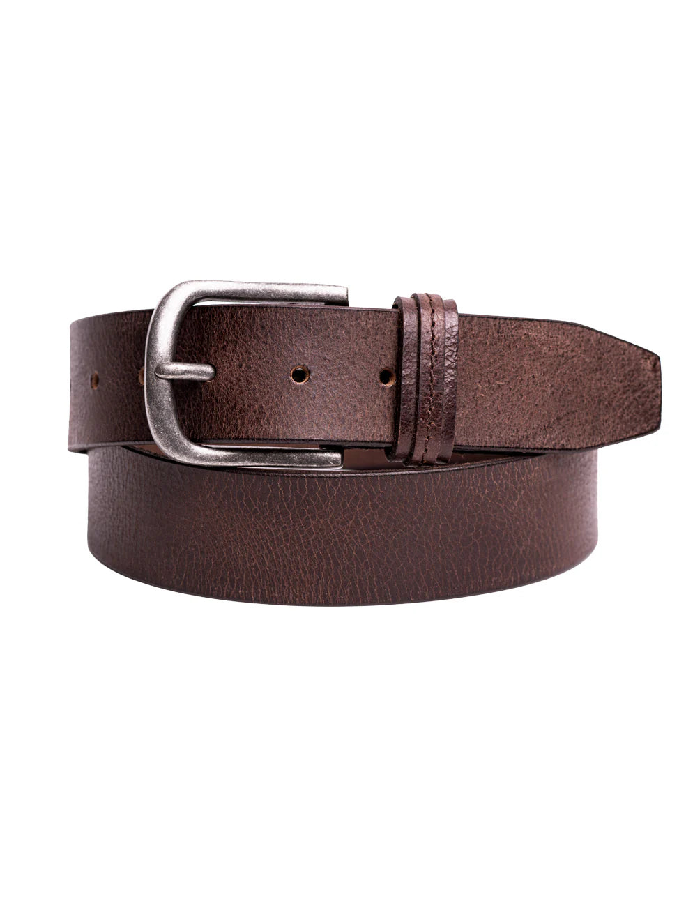 The Silver Jeans Co. 40MM Genuine Milled Leather Belt, designed for men, boasts a dark brown genuine milled leather strap and an antique nickel finish rectangular buckle. This belt features three visible holes for adjustment and a tapered tip that highlights its durable quality. The slightly textured surface adds to its rugged appeal, showcased against a plain white background.