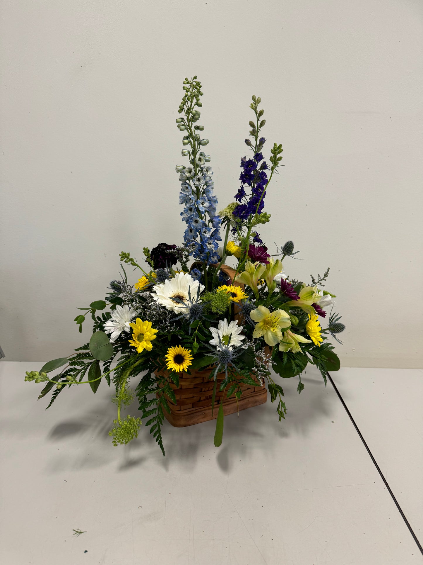 A basket from Posies Flowers & Fashion, named Natural Daisies Basket, showcases a vibrant arrangement of blue delphiniums, white and yellow daisies, and green ferns. The flowers are artfully displayed on a white surface against a plain wall background.