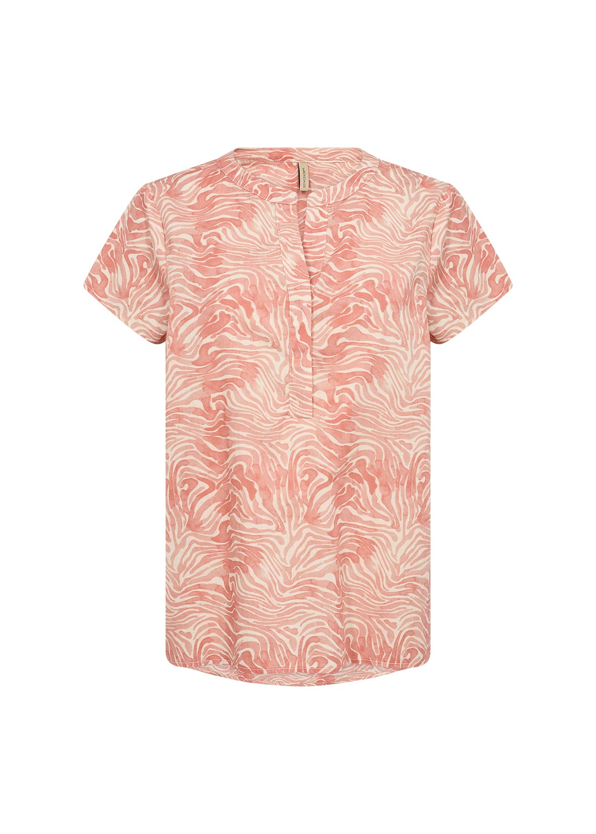The Blouse Top Peggy 1 41059-40 from SoyaConcept showcases a pink and white abstract wavy pattern. Made of organic cotton, it features a V-neckline with a relaxed fit, blending comfort and style for casual or semi-formal occasions.