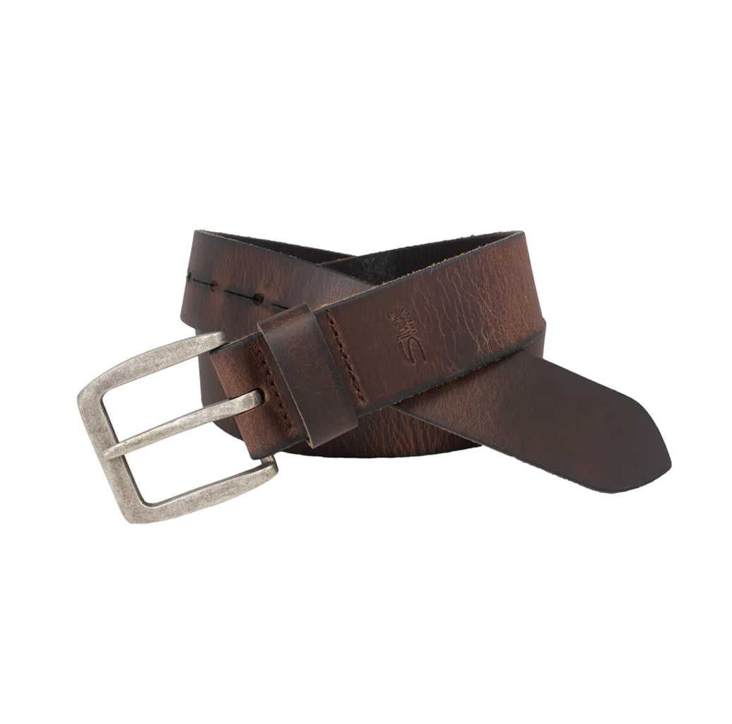 The Silver Jeans Co. 40MM Heavyweight Pull-up Genuine Leather Belt features a coiled, dark brown design with visible stitching along the edges and an aged antique nickel buckle. The leather boasts a textured, slightly distressed appearance, complemented by linear burnished detailing.