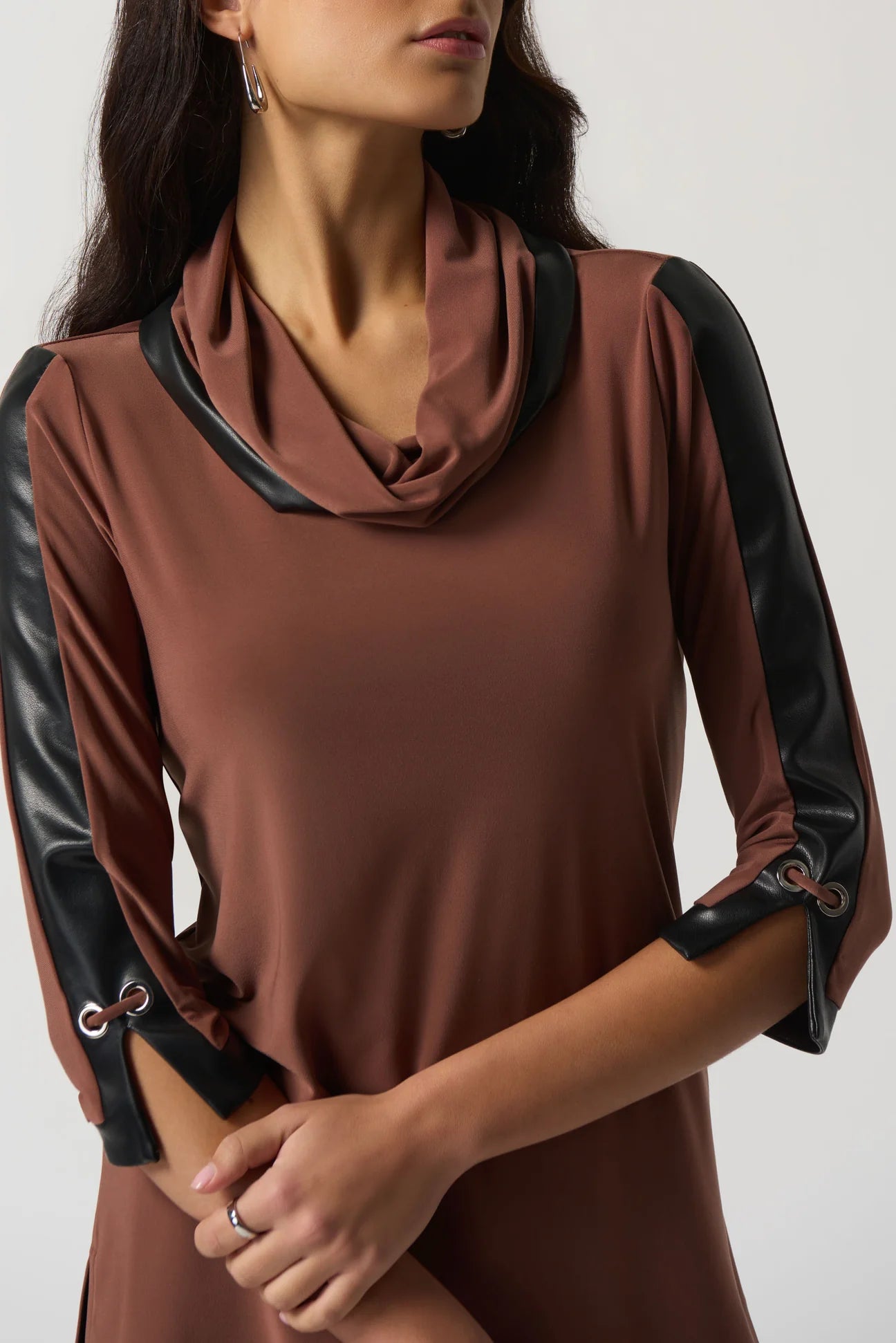 Toffee Faux-Leather Trim Tunic Style 233107
