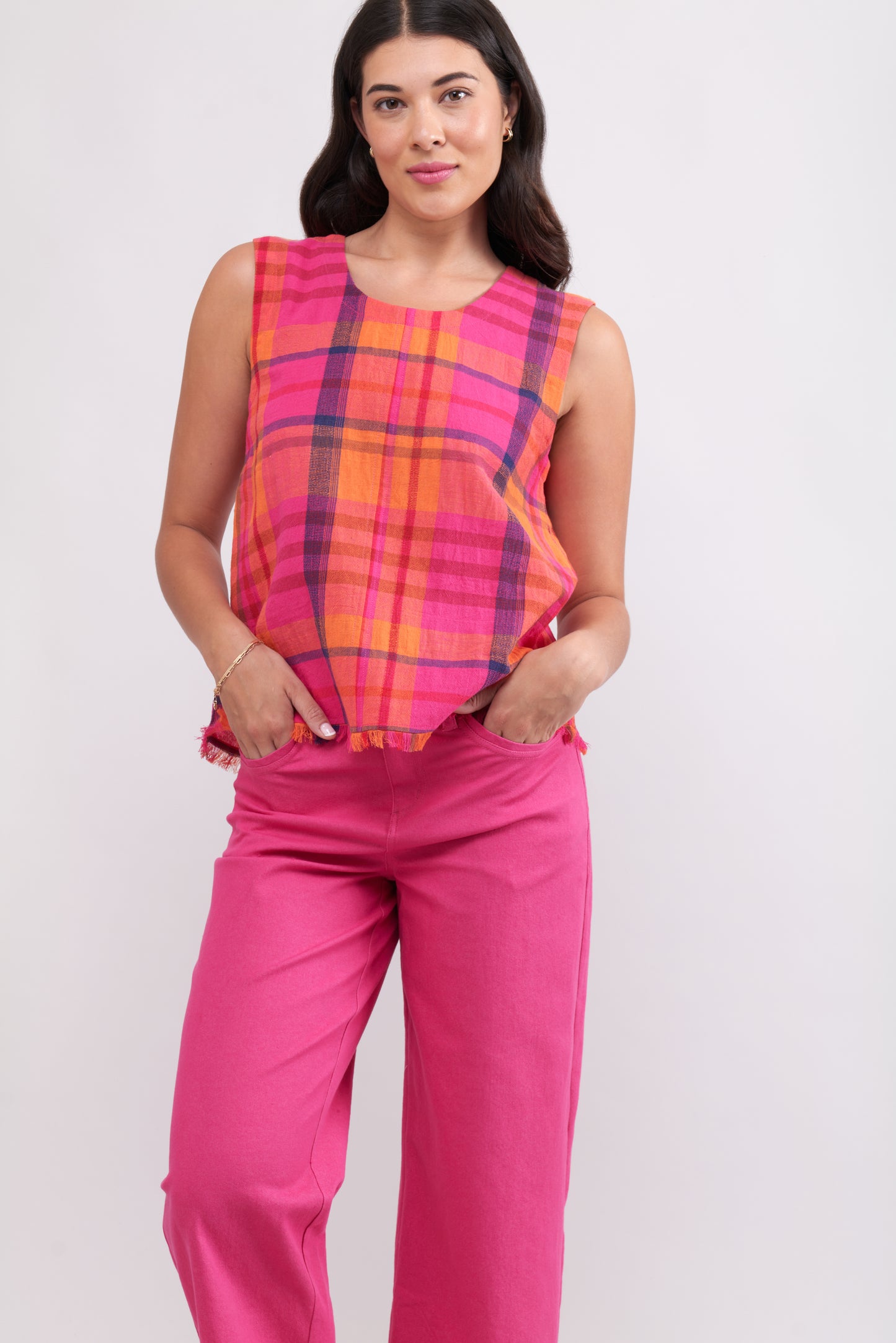 Fringe Benefits Shell Top FO7888 Pink Check - FOIL