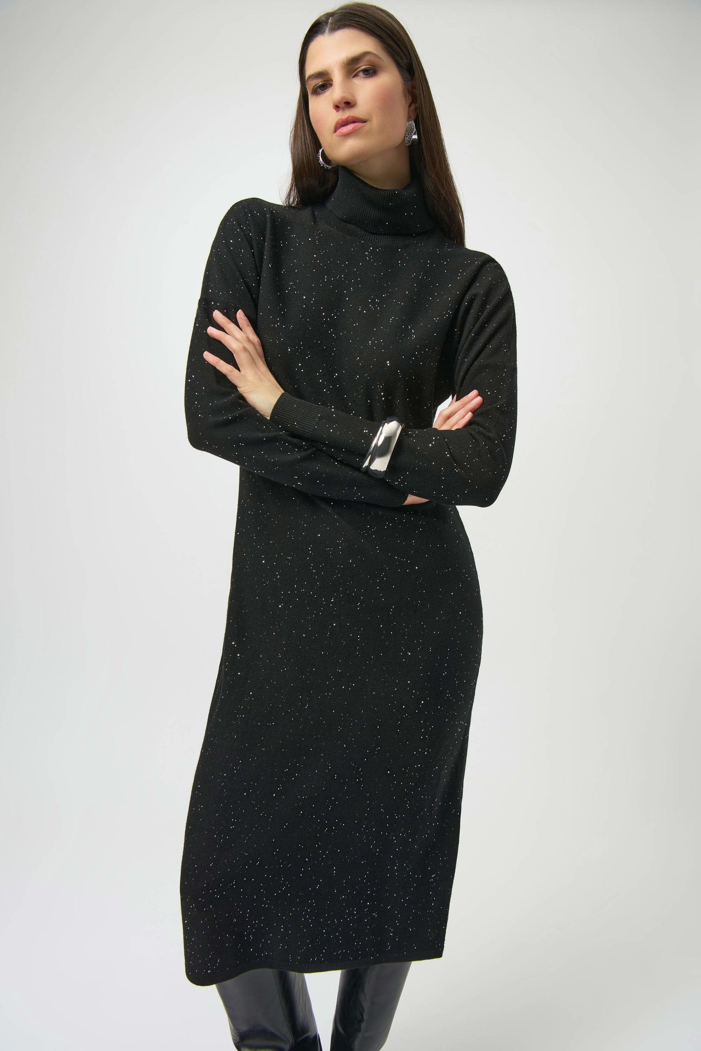 Sequined Sweater Knit Turtleneck Sheath Dress 254932