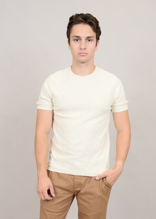 A young man in a light olive Crew Neck Short Sleeve 56MS369S - HEDGE and tan pants stands against a plain gray background. He has short brown hair, a neutral expression, with one hand in his pocket.