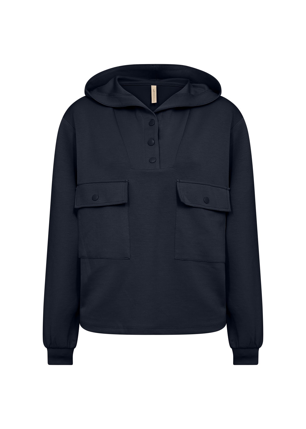 The 3 Snap Pull Over Hoodie Banu 219 by SoyaConcept in navy blue features a stylish button-up collar, two spacious buttoned flap pockets on the front, a cozy hood, and long sleeves with ribbed cuffs for comfort and practicality.