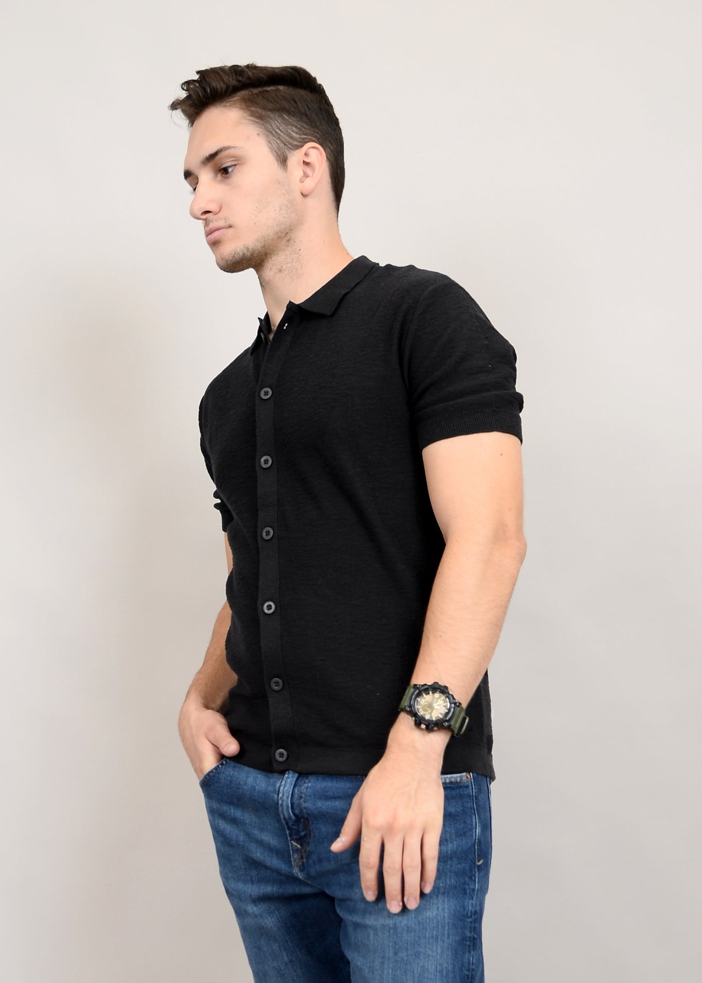 Sweater Knit Button Shirt Short Sleeve 56MS311S - HEDGE