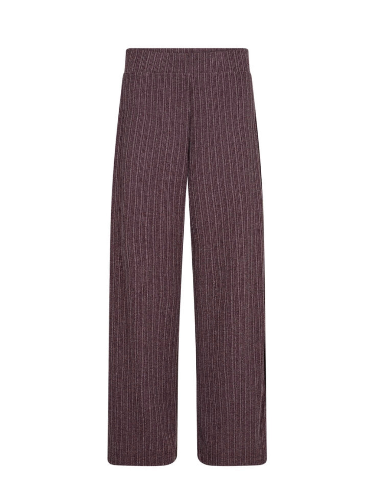 A person with short curly hair is standing against a plain white background. They are wearing a sleeveless pink top and the SC-ISEL 1 Pants by SoyaConcept, which are high-waisted, wide-leg purple pants featuring a subtle pinstripe design. Made from recycled polyester, the pants complement their arms slightly crossed as they look at the camera.