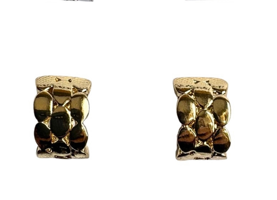 Doris 15 Gold Clip-on Earrings by Elise Accessories: small, rectangular gold earrings with a raised bubble-like texture, ideal for unique costume jewelry lovers, shown on a white background.