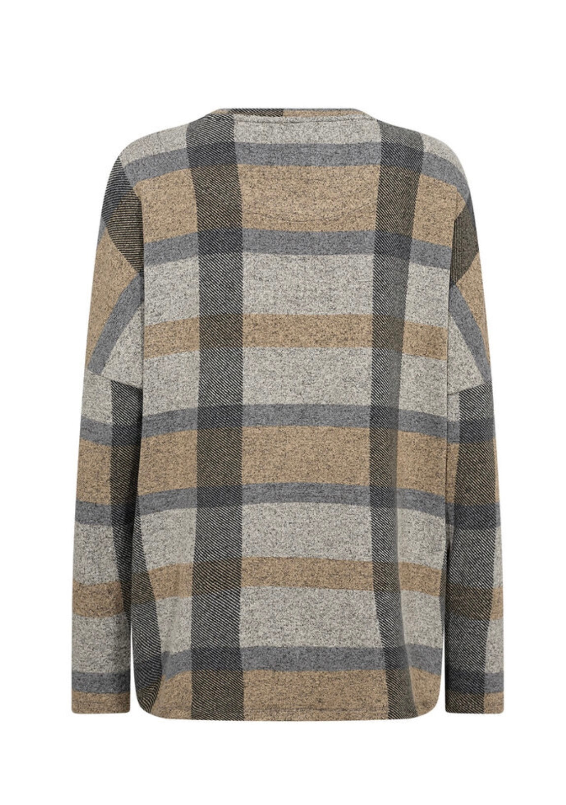 The SC-BIARA AOP 123 Top by SoyaConcept is a long-sleeve sweater showcasing a large checkered plaid design in shades of grey, black, beige, and light brown. It features a crew-style neckline and is crafted from soft ECOVERO Viscose knit fabric.