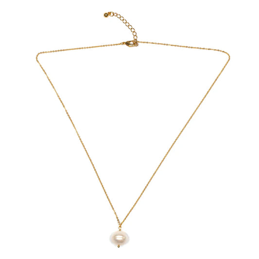 The Single Pearl Drop Necklace - Gold Plate by Suzie Blue features a delicate gold-plated chain with a single pearl drop pendant. This handmade piece includes an adjustable clasp for customizable length, allowing the simple and elegant design to truly highlight the pearl as the focal point.