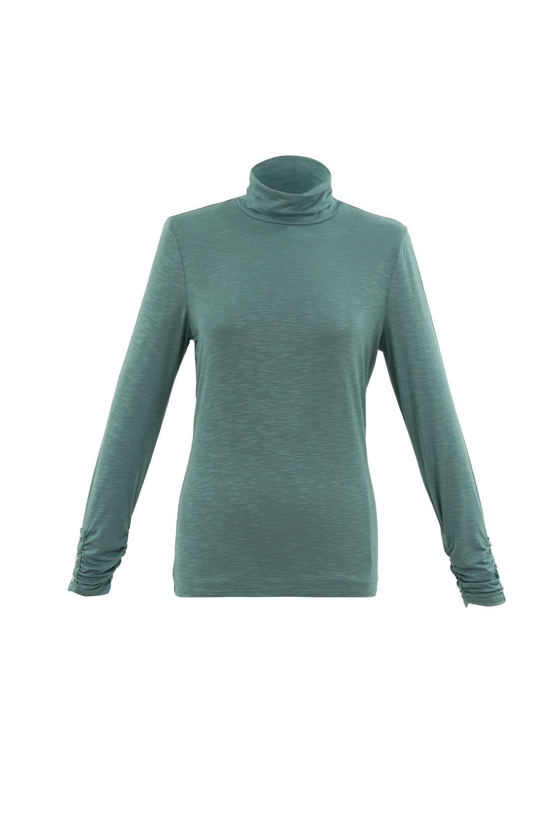 The Marble L/S Turtleneck Top w/Ruche Cuff & Button Detail by MARBLE is showcased against a white background. This plain, white long sleeve turtleneck features a fitted design and is crafted from a viscose blend. The top is distinguished by ruched cuffs adorned with button details near the wrists.