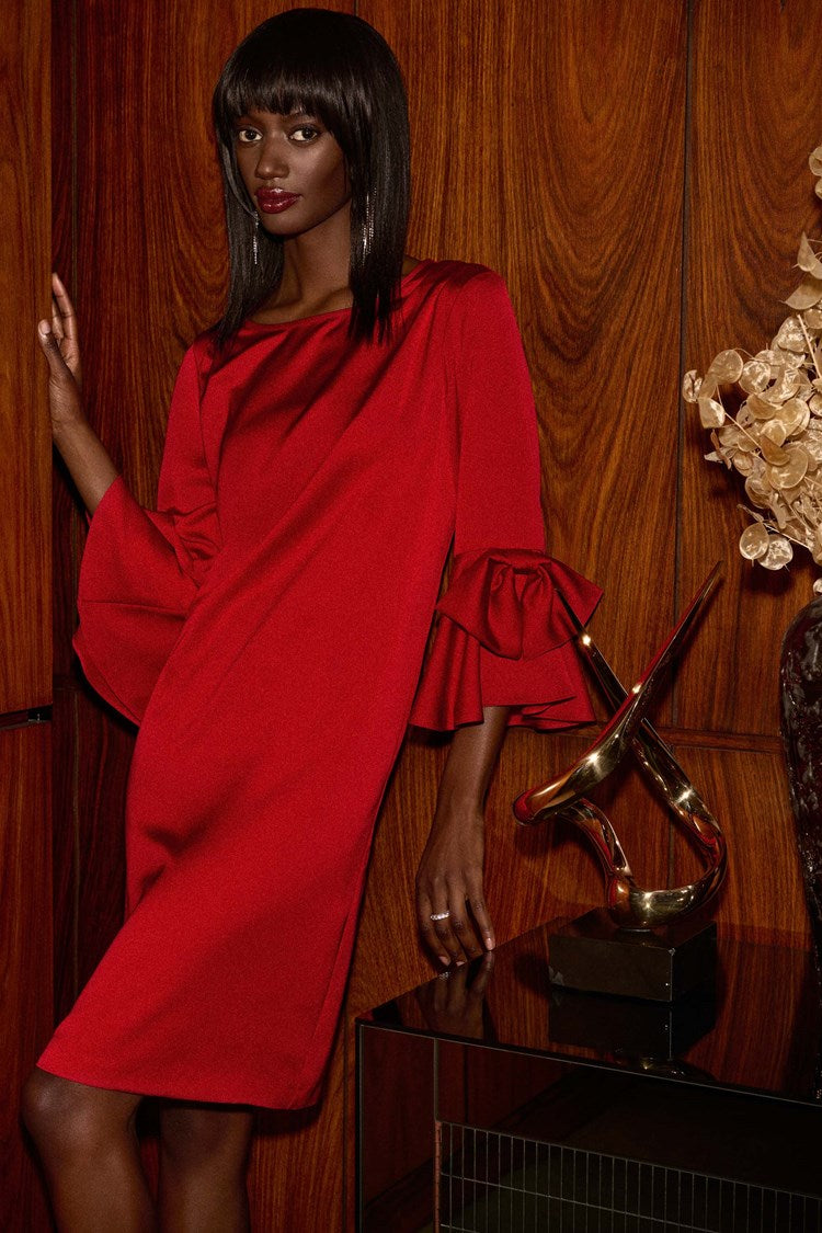 Satin Riffle Sleeve Straight Dress 244235 Joseph Ribkoff
