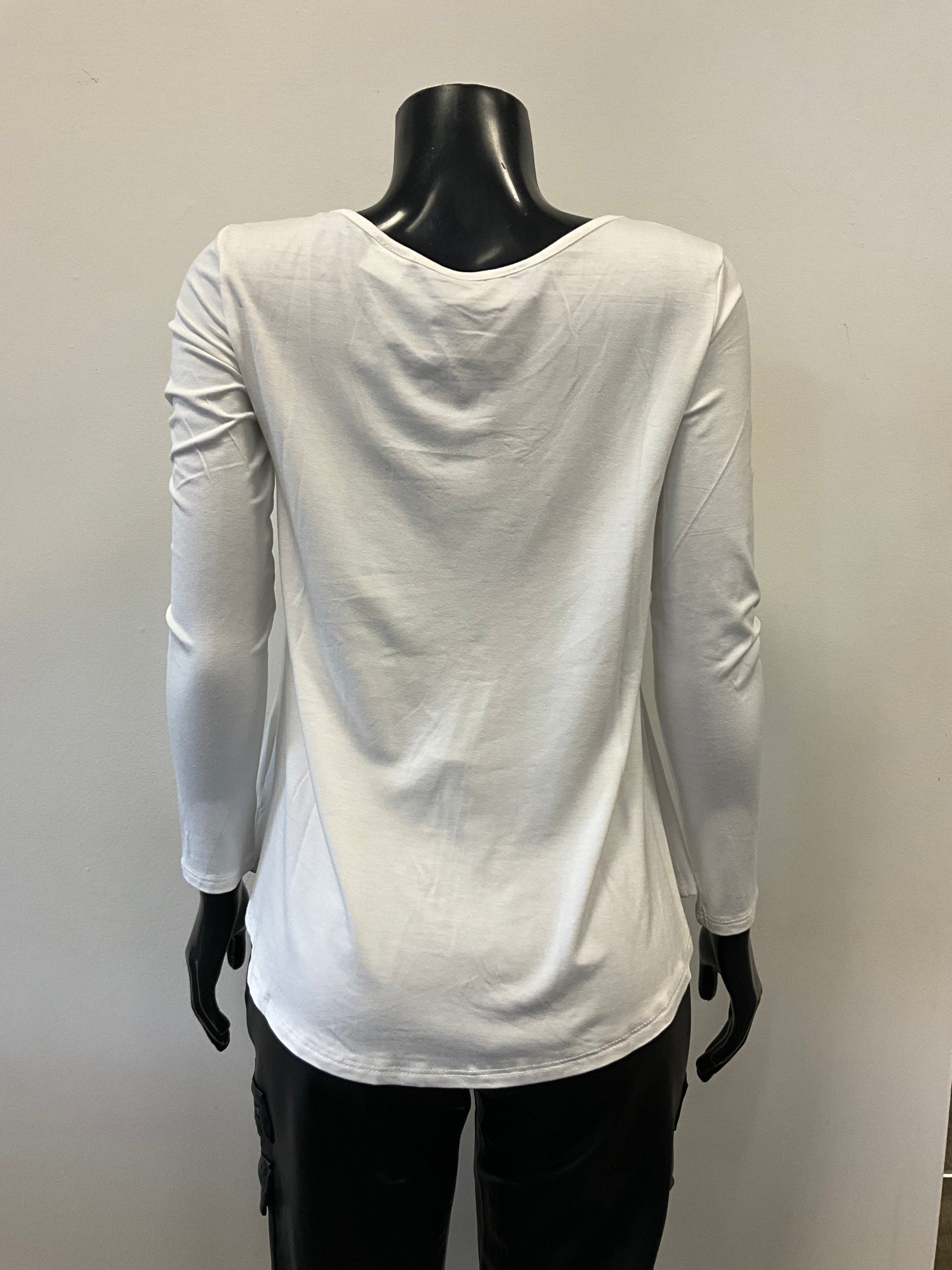 A black mannequin dressed in an ETERNELLE Top Round Neck - Eternelle, a long-sleeved white shirt with a scooped neckline and a slightly flared bottom. The elegant garment, meticulously crafted in Italy, is set against a plain, light-colored background. Only the upper torso of the mannequin is visible, with no accessories in sight.