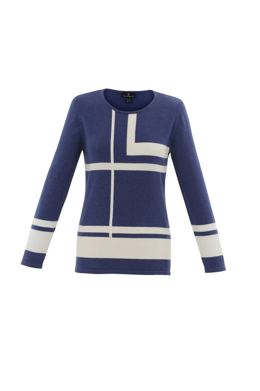 The Marble Sweater-7552 by MARBLE is a long-sleeved, blue sweater crafted from premium materials. It features a modern, stylish design with white lines forming large squares and rectangles in a geometric pattern and has a round neckline.