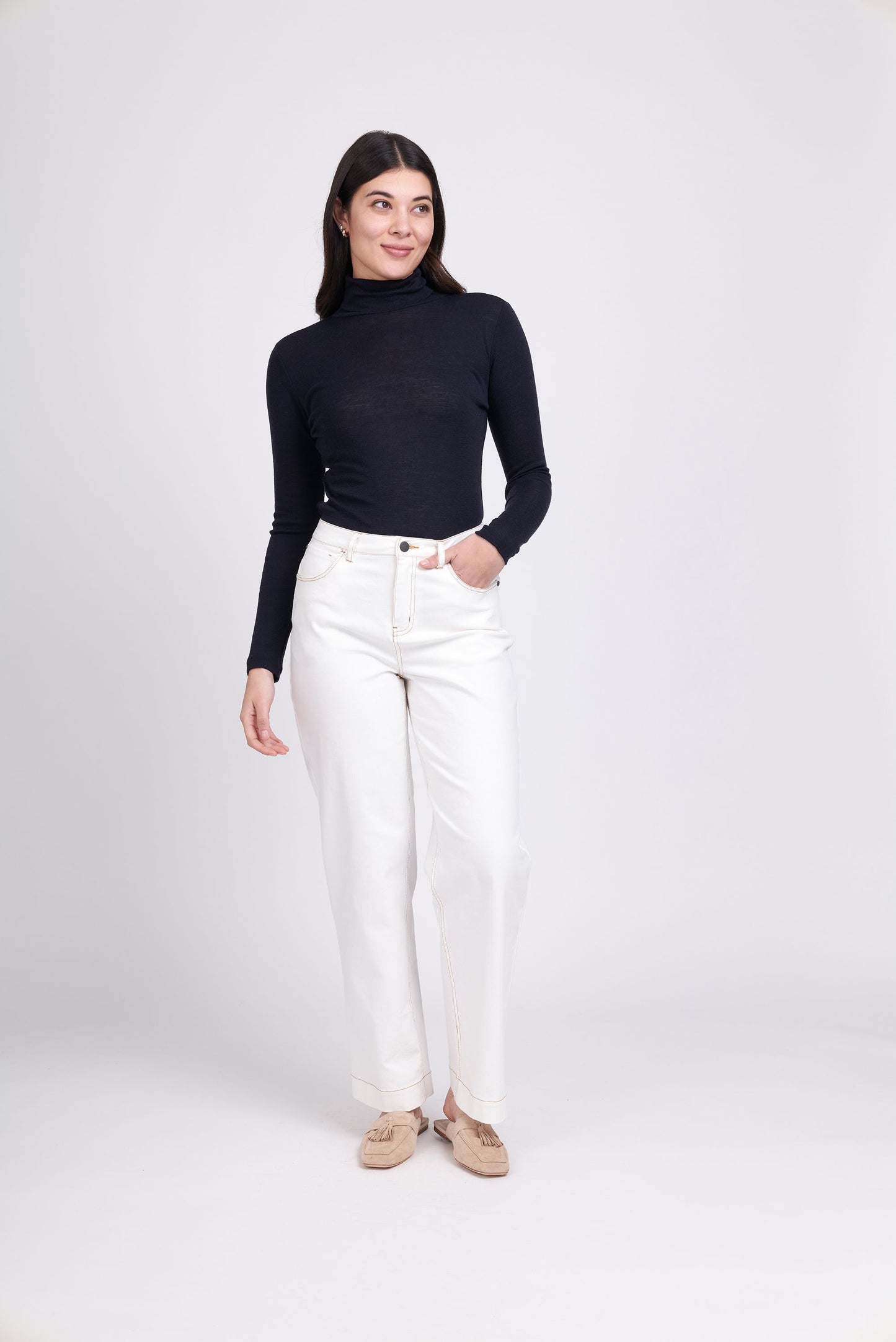 Fine Merino Polo Neck Top-Navy - FOIL