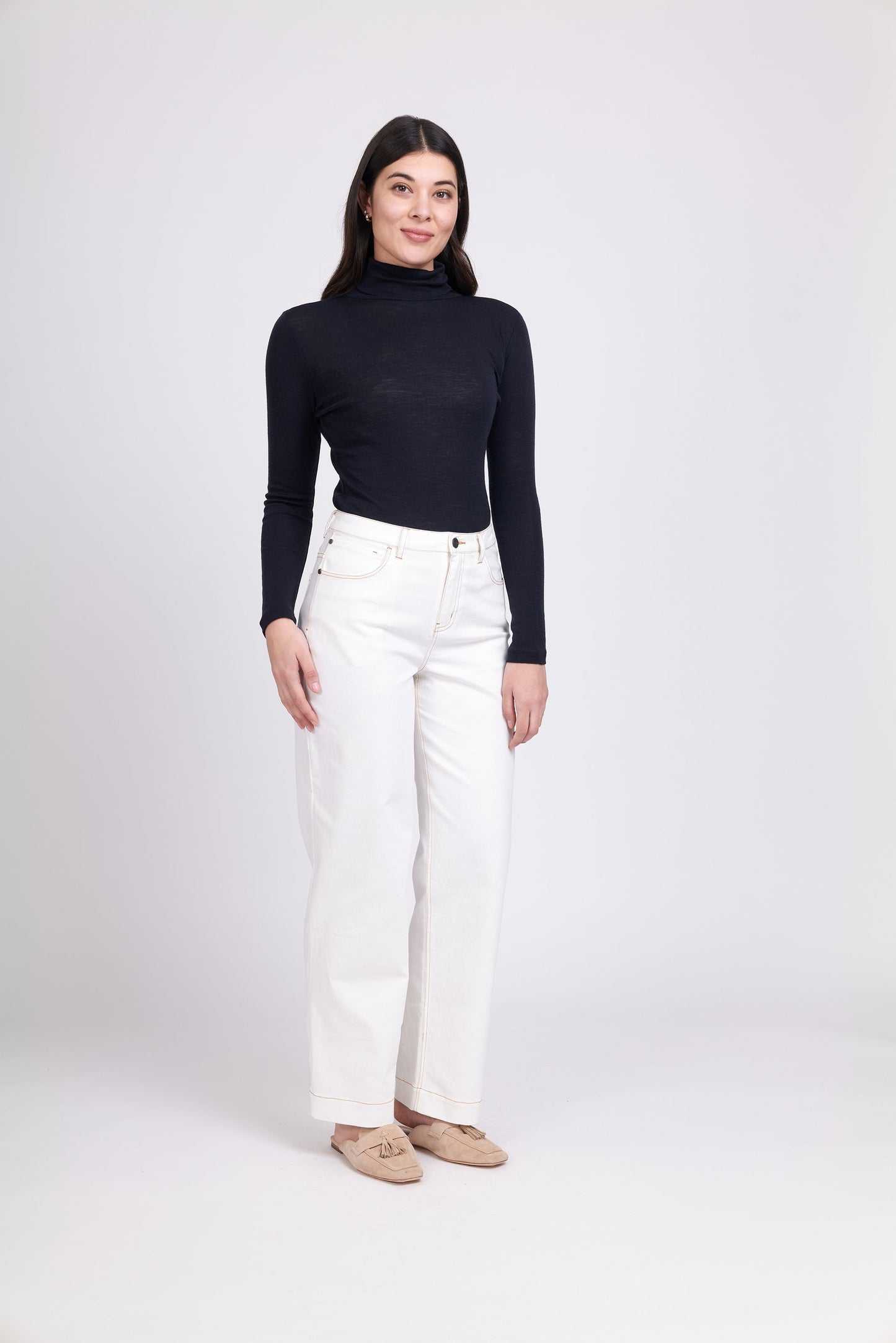 Fine Merino Polo Neck Top-Navy - FOIL