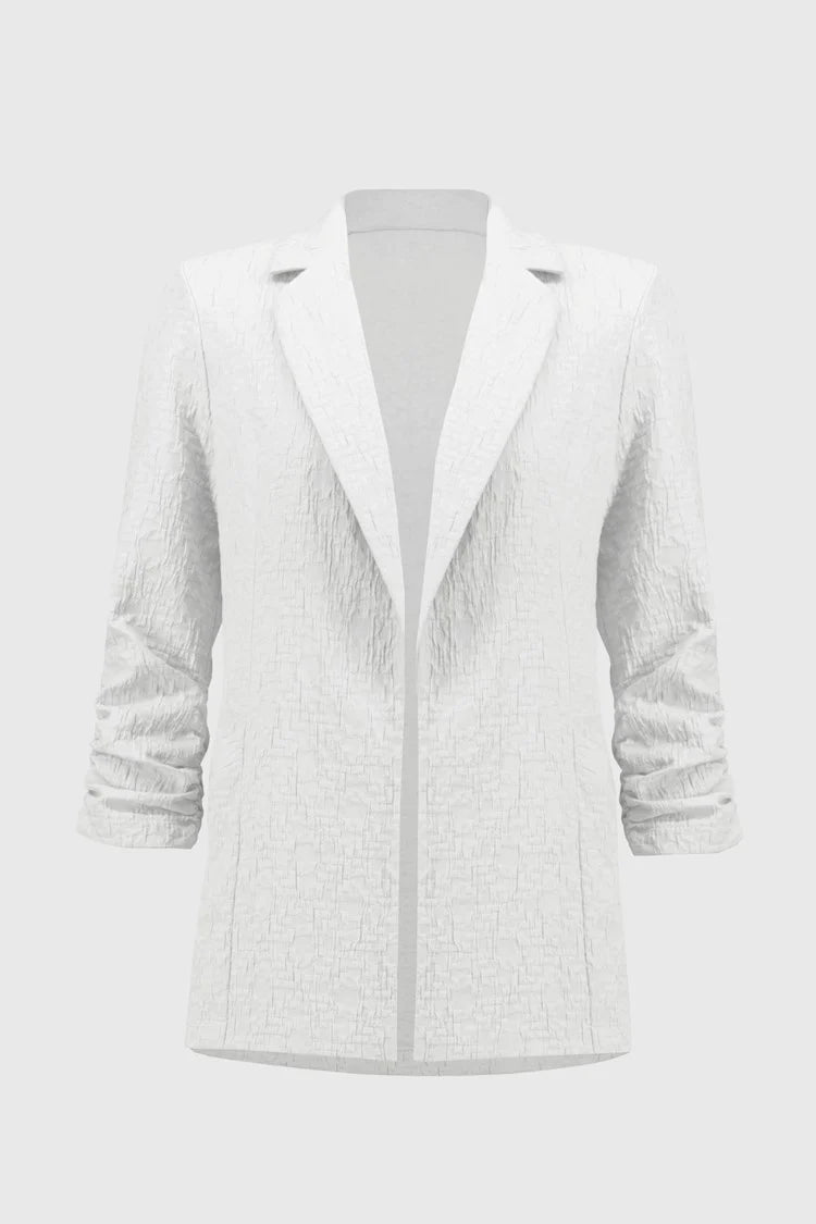The Woven Jacquard Boxy Blazer 242034S25 by Joseph Ribkoff, displayed on a plain background, features a tailored fit with long sleeves, notched collar, and open front design for an elegant look.