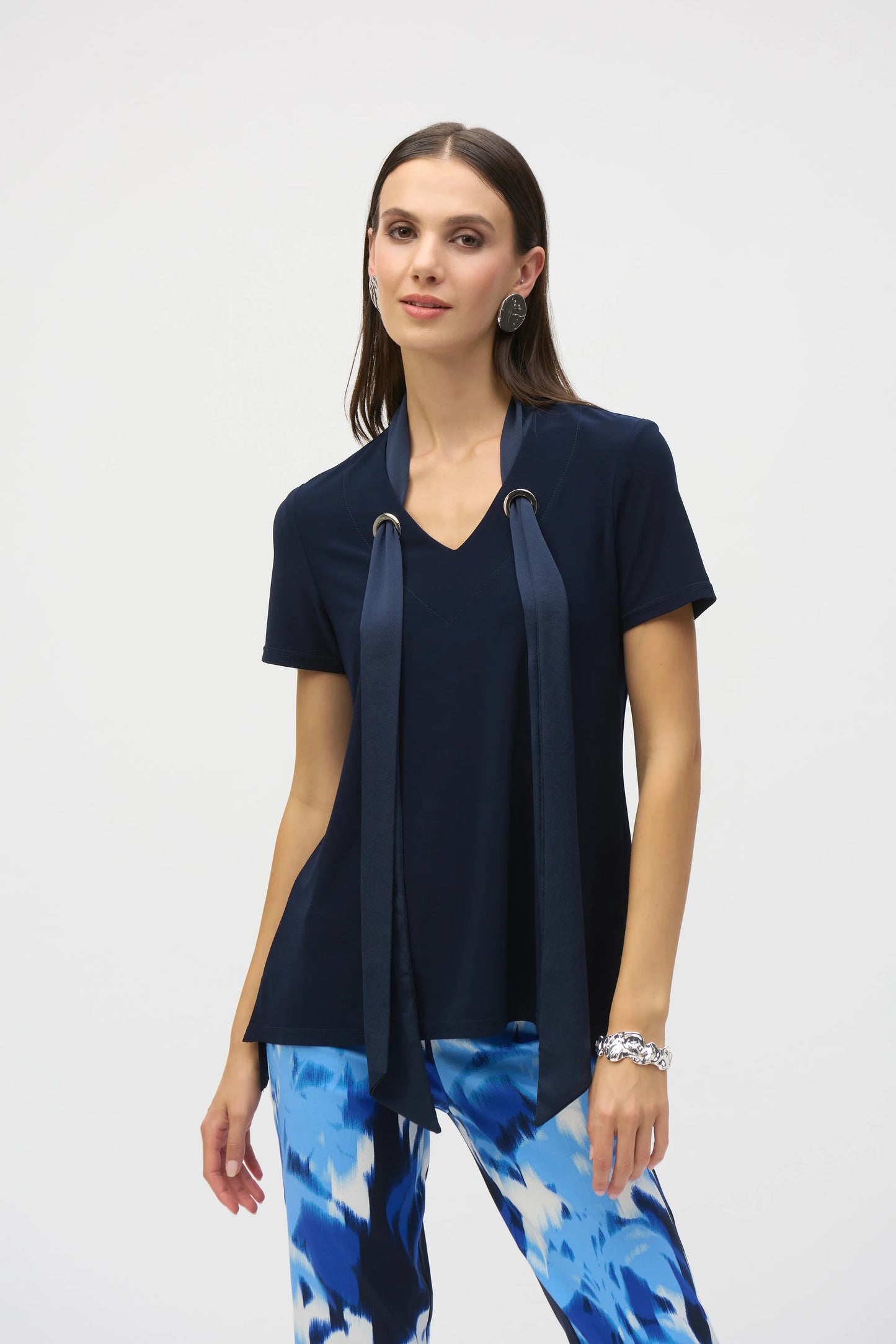 Silky Knit Straight Top With Satin Scarf 252100 - Joseph Ribkoff
