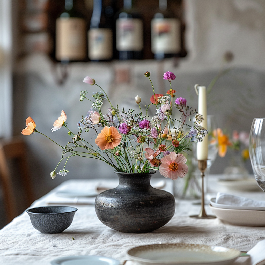 The Designer’s Choice Centrepiece by Posies Flowers & Fashion features a clear glass vase filled with a vibrant bouquet of assorted flowers, including pink roses, peach roses, blue delphiniums, and small yellow daisies. This exquisite flower arrangement is showcased on a table in the foreground of a softly lit room with blurred furniture and greenery in the background.