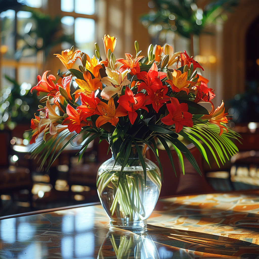 A Designer’s Choice Vase from Posies Flowers & Fashion, filled with white lilies and green foliage, graces a marble table in an elegantly modern room. Soft lighting and contemporary furniture in the background create a warm and inviting atmosphere, showcasing the artistry of floral designers, subject to availability.