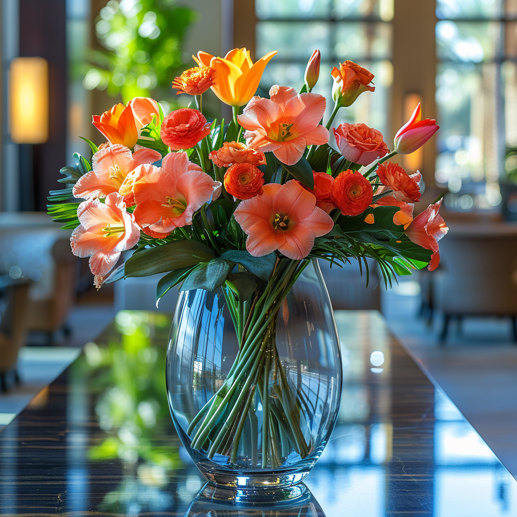 A Designer’s Choice Vase from Posies Flowers & Fashion, filled with white lilies and green foliage, graces a marble table in an elegantly modern room. Soft lighting and contemporary furniture in the background create a warm and inviting atmosphere, showcasing the artistry of floral designers, subject to availability.