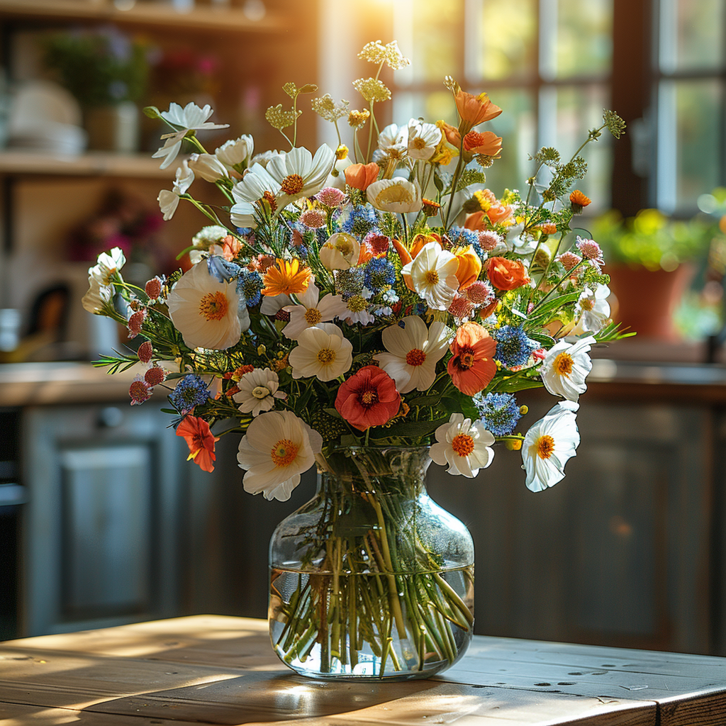 A Designer’s Choice Vase from Posies Flowers & Fashion, filled with white lilies and green foliage, graces a marble table in an elegantly modern room. Soft lighting and contemporary furniture in the background create a warm and inviting atmosphere, showcasing the artistry of floral designers, subject to availability.