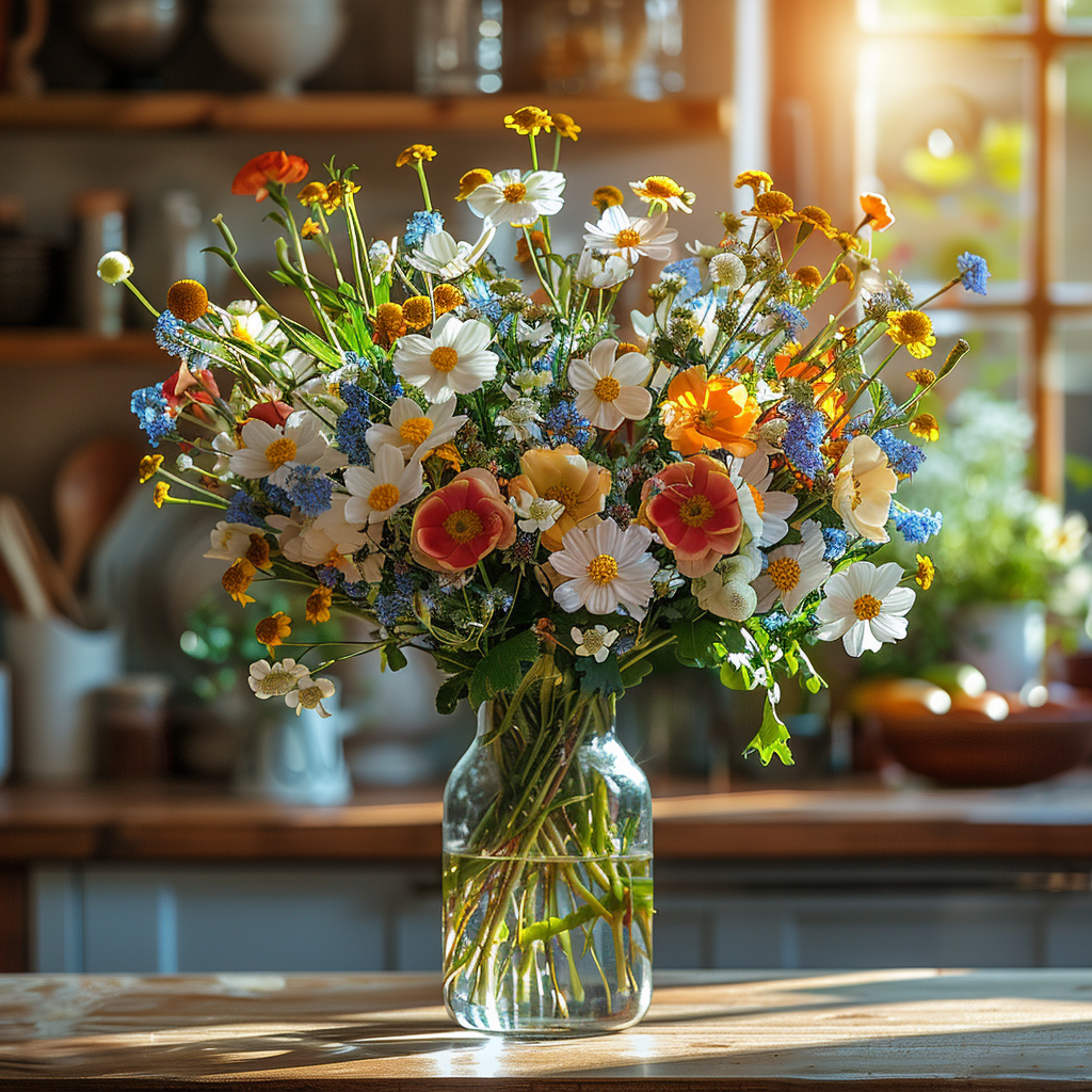 A Designer’s Choice Vase from Posies Flowers & Fashion, filled with white lilies and green foliage, graces a marble table in an elegantly modern room. Soft lighting and contemporary furniture in the background create a warm and inviting atmosphere, showcasing the artistry of floral designers, subject to availability.