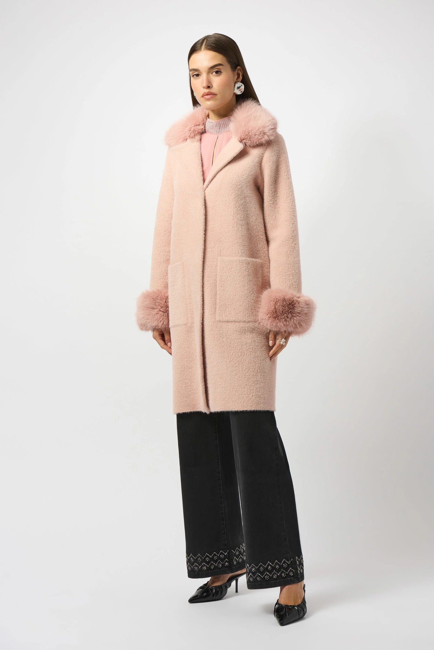 Feather Yarn and Faux Fur Sweater Coat 243923F25