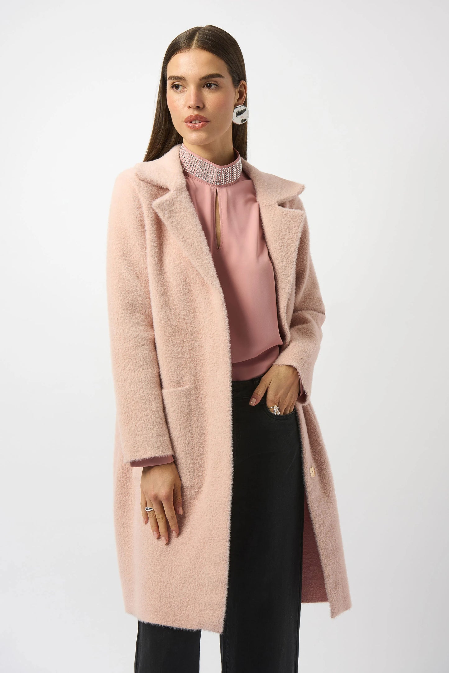 Feather Yarn and Faux Fur Sweater Coat 243923F25