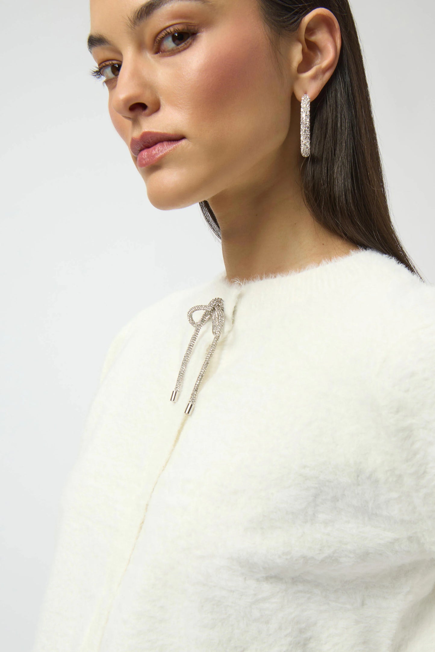 Feather Yarn Cardigan with Rhinestone Bow 254955