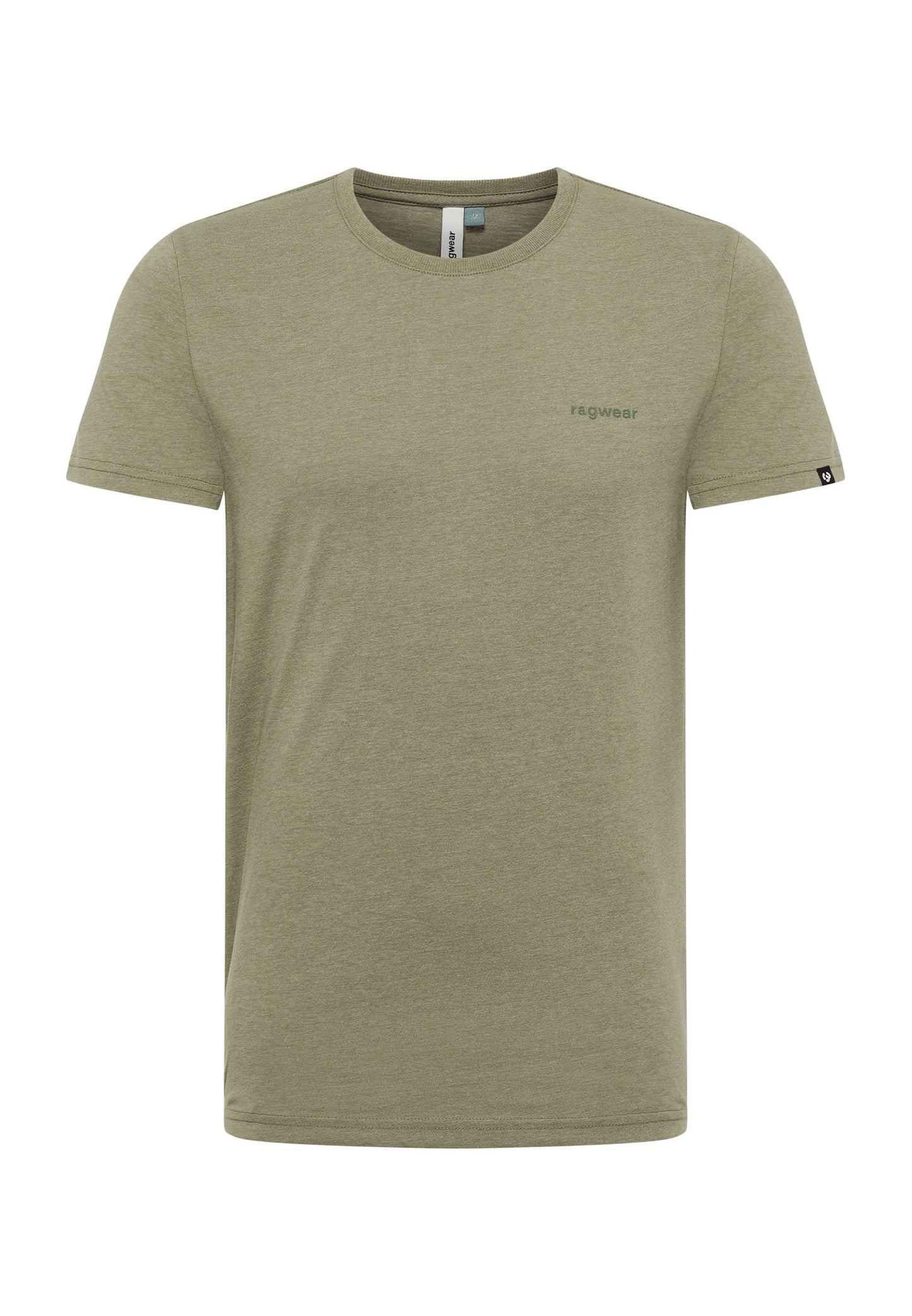 Meet the RAGWEAR NEDIE 2512-15001-5011 — an olive green, vegan crew neck T-shirt designed for comfort with its soft poly-cotton blend. It features short sleeves, a small logo on the left chest, and a visible collar tag, seamlessly blending style with sustainability.