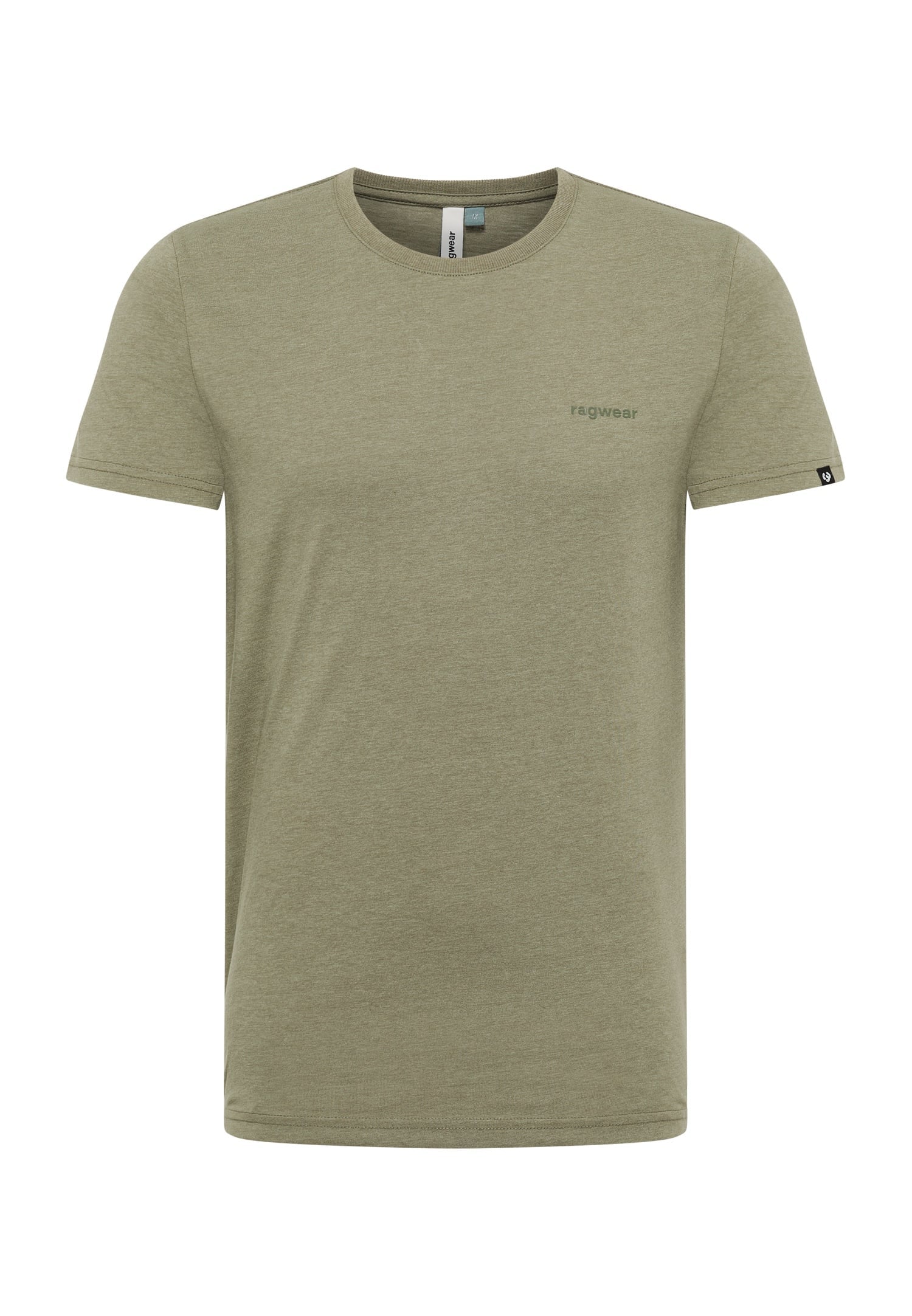 Meet the RAGWEAR NEDIE 2512-15001-5011 — an olive green, vegan crew neck T-shirt designed for comfort with its soft poly-cotton blend. It features short sleeves, a small logo on the left chest, and a visible collar tag, seamlessly blending style with sustainability.