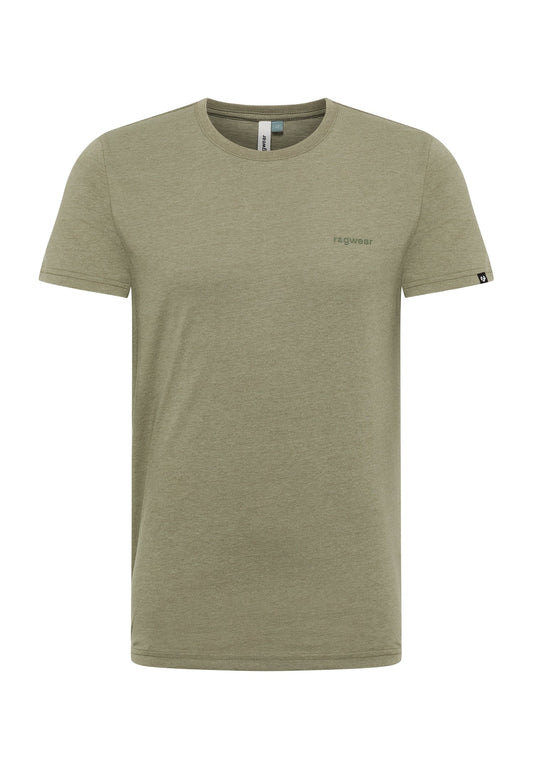 Meet the RAGWEAR NEDIE 2512-15001-5011 — an olive green, vegan crew neck T-shirt designed for comfort with its soft poly-cotton blend. It features short sleeves, a small logo on the left chest, and a visible collar tag, seamlessly blending style with sustainability.