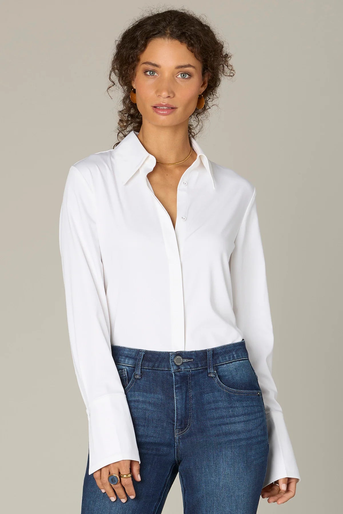 LONG FRENCH CUFF SLEEVE BUTTON DOWN PETITE WOVEN TOP