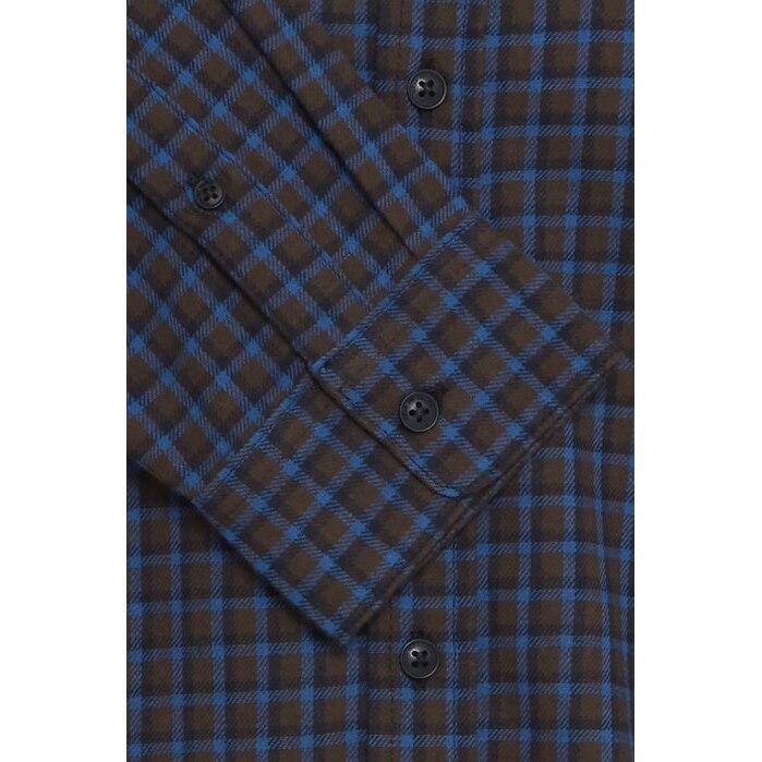 The BHATZE Shirt Check Blend-20720077 by BLEND features a brown cotton blend with blue and black checkered pattern, plus black buttons on the cuff and front placket for versatile style.