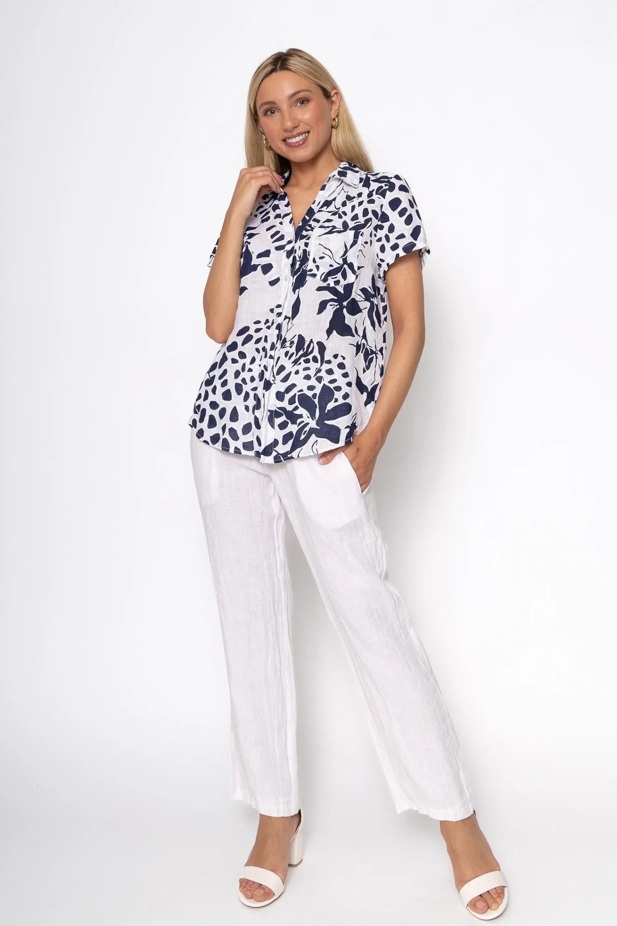 French Linen Blouse TP1485-11 Bianco - Linen Luv