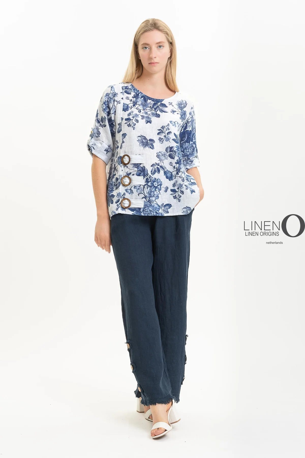 French Linen Blouse TP1519P-11 Bianco - LINEN O