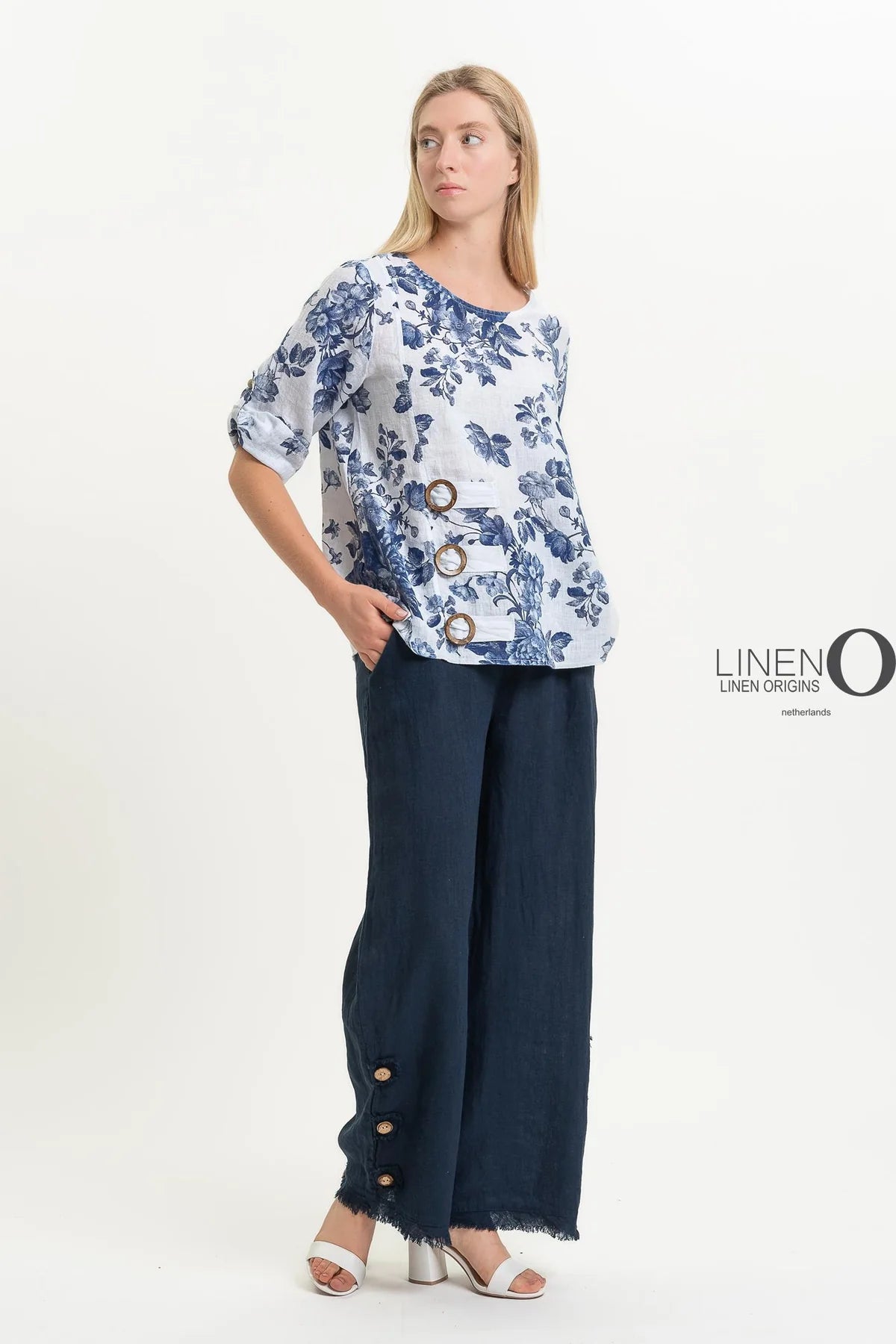 French Linen Blouse TP1519P-11 Bianco - LINEN O