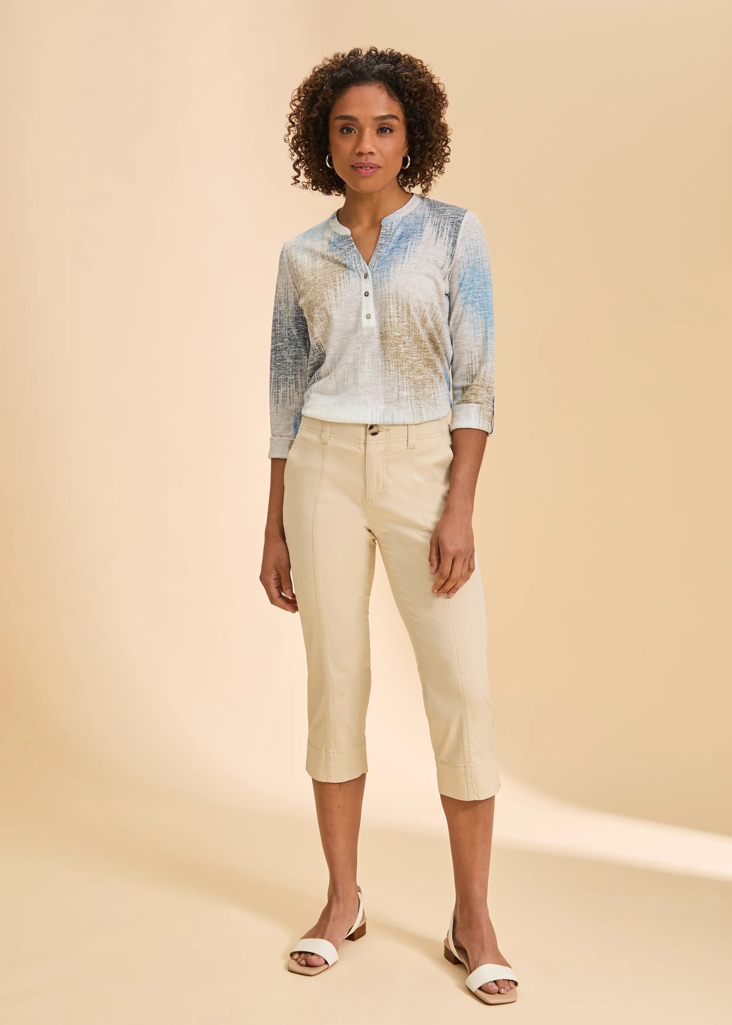 3/4 Sleeve Henley Top, Neutral Ikat 3680435 -NEUTRA - French Dressing Jeans