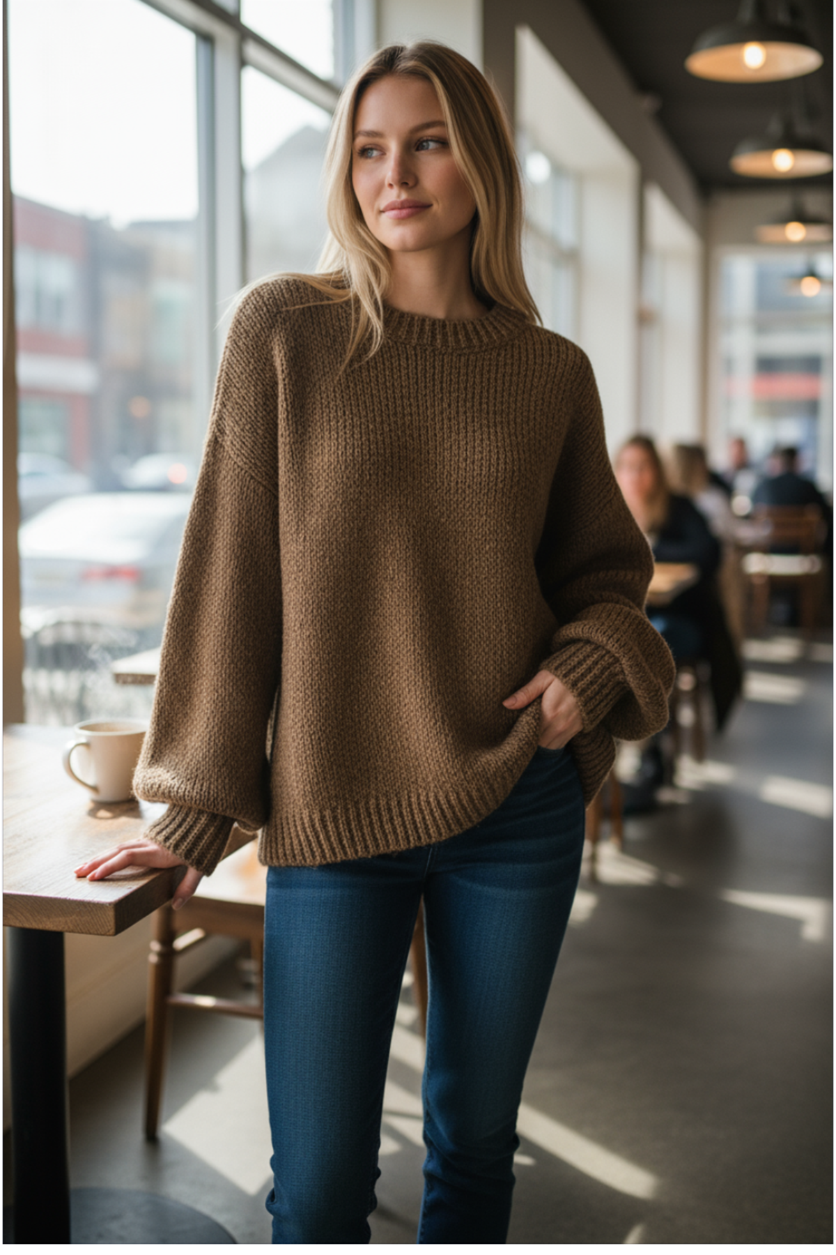 Chunky Knit Crew Sweater, ITAZP2577BR, Brown - Catherine Lillywhite's