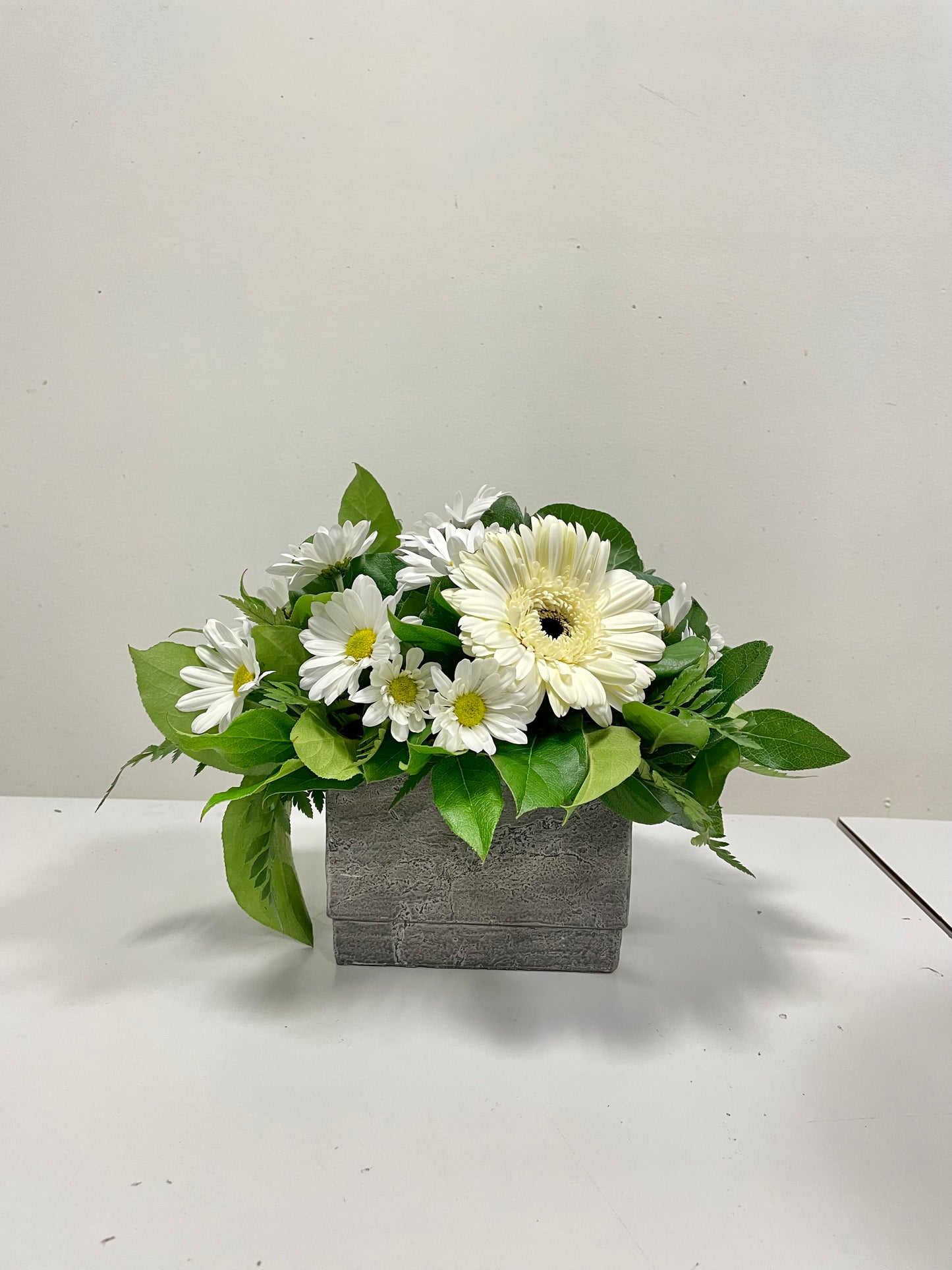 The "Healing Thoughts" arrangement by Posies Flowers & Fashion features a rectangular gray vase filled with white daisies having yellow centers, complemented by lush green foliage. The flowers are displayed against a plain white background. Please note that availability may affect specific floral elements, allowing for tasteful substitutions as needed.