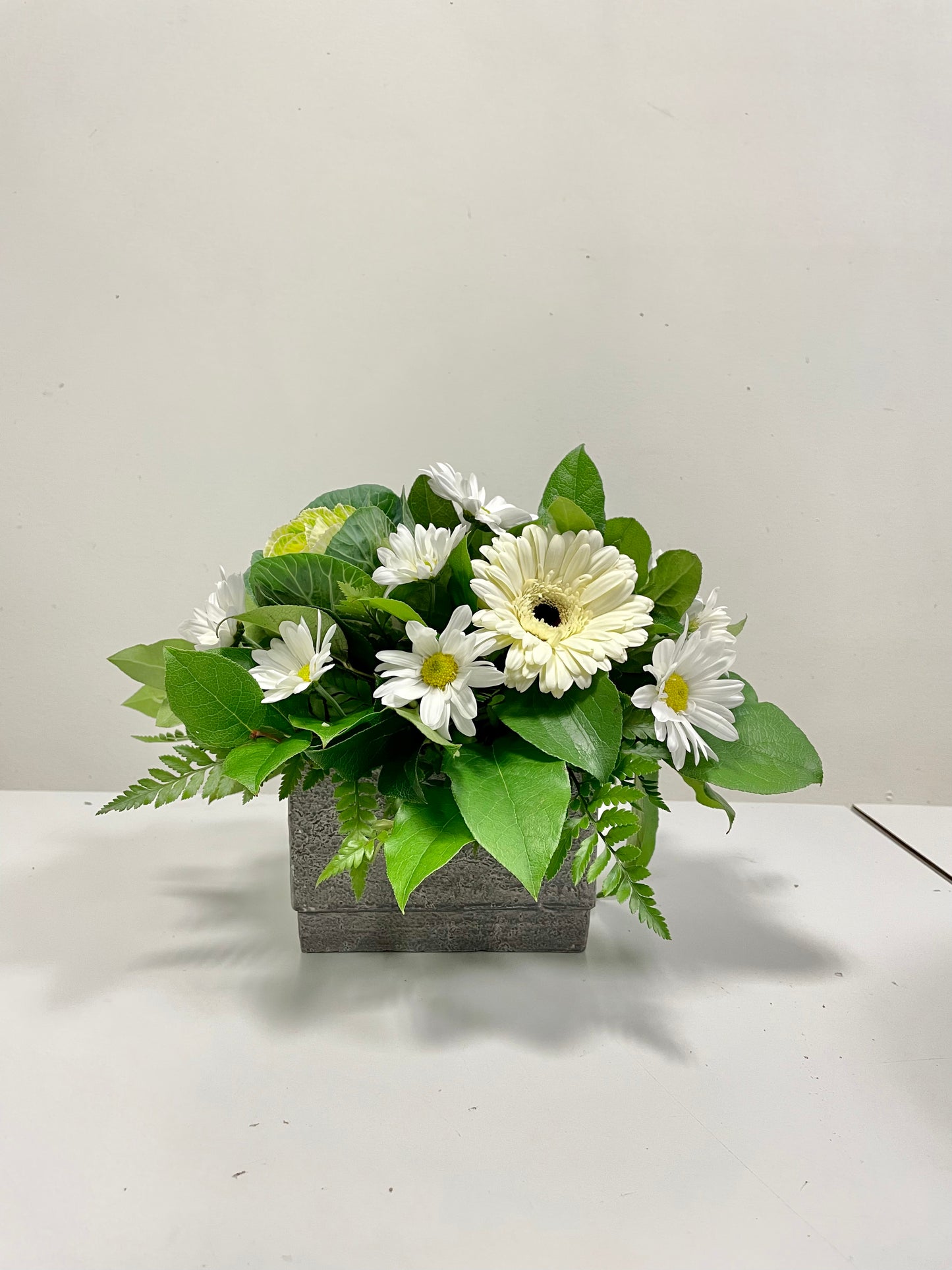The "Healing Thoughts" arrangement by Posies Flowers & Fashion features a rectangular gray vase filled with white daisies having yellow centers, complemented by lush green foliage. The flowers are displayed against a plain white background. Please note that availability may affect specific floral elements, allowing for tasteful substitutions as needed.