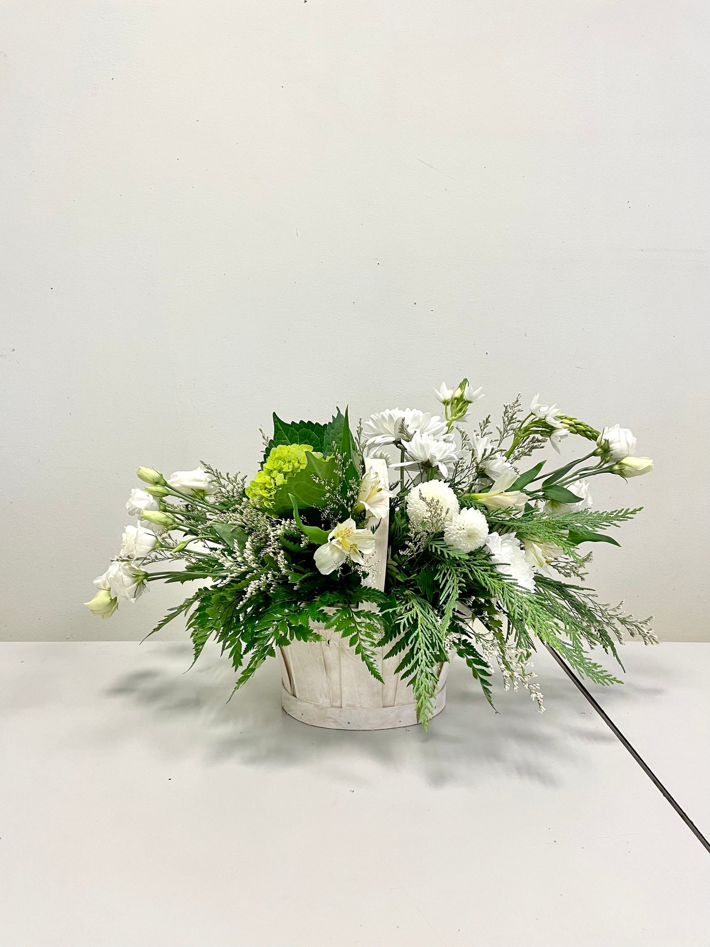 Refined Whites by Posies Flowers & Fashion is an elegant floral arrangement, showcasing white carnations and bellflowers complemented by green hydrangea and assorted greenery, all presented in a sleek white rectangular container. The arrangement is set on a plain white surface against a light-colored wall.