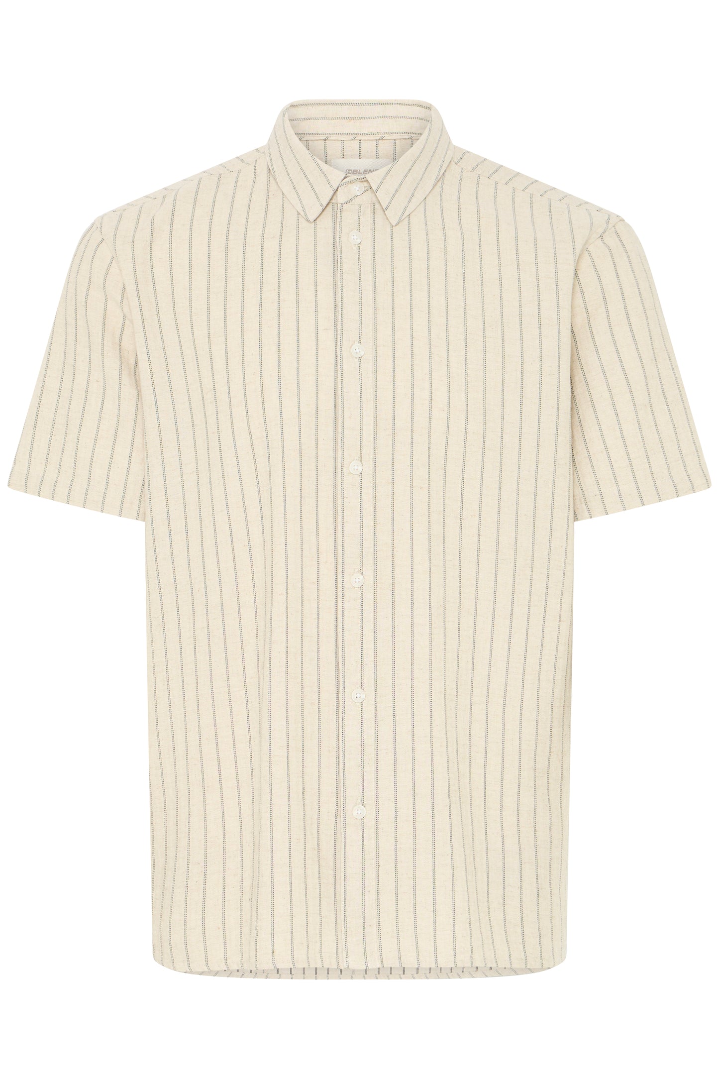 The BLEND Bhaki Shirt (20720666-900007166) is a cream cotton-linen, short-sleeved button-up with a classic collar and thin vertical gray stripes for a timeless summer look.