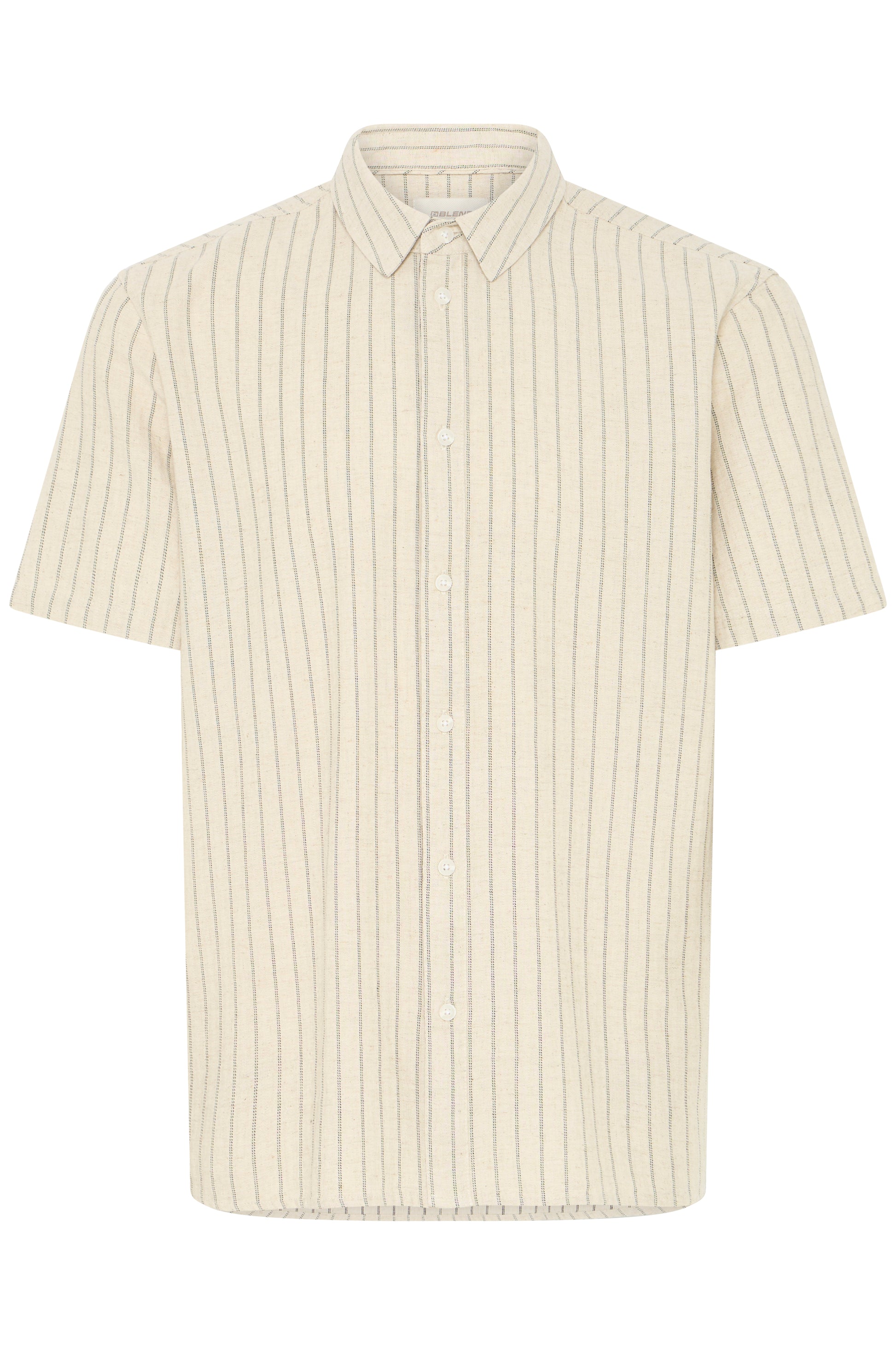 The BLEND Bhaki Shirt (20720666-900007166) is a cream cotton-linen, short-sleeved button-up with a classic collar and thin vertical gray stripes for a timeless summer look.